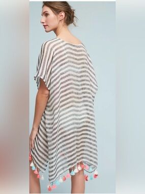 Seafolly 100% Linen Striped Tassel Beach Cover Up Kaftan O/S